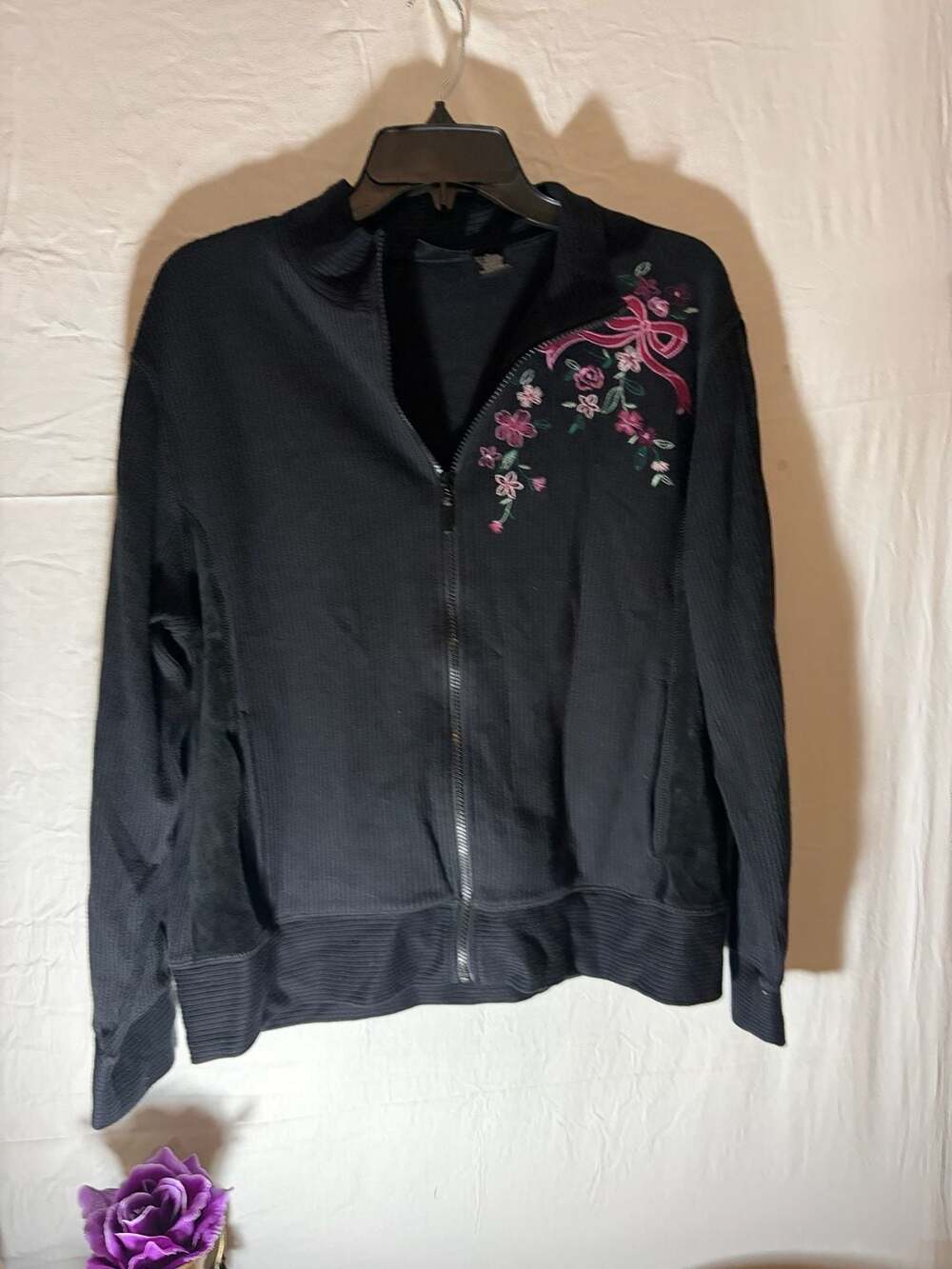 Erika Collection Black Ribbed Full-Zip Jacket with Floral Embroidery
